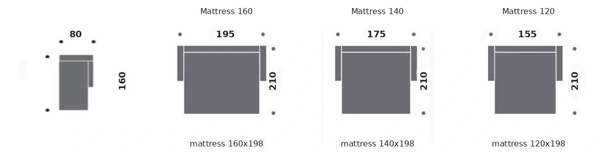 Dimension drawing of sofa bed Marais — open bed