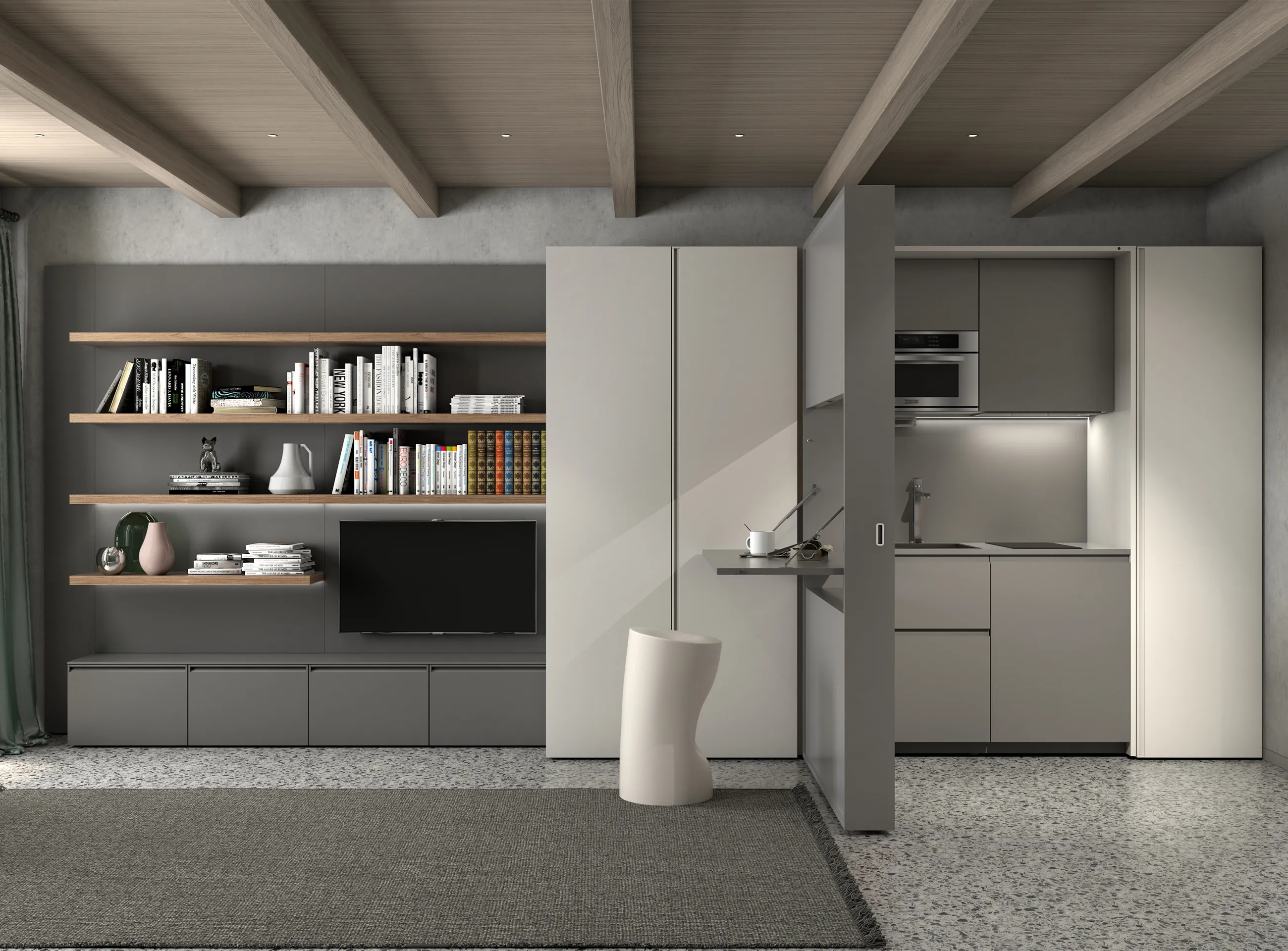 Transforming furniture in a multifunctional space — 25 m² studio with Ella & Louis — Room view 09