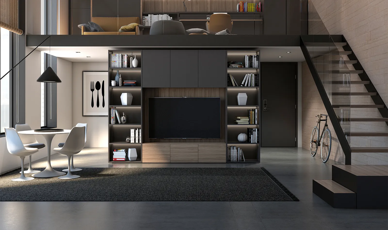 Transforming furniture in a multifunctional space — 57 m² loft apartment — Room view 08