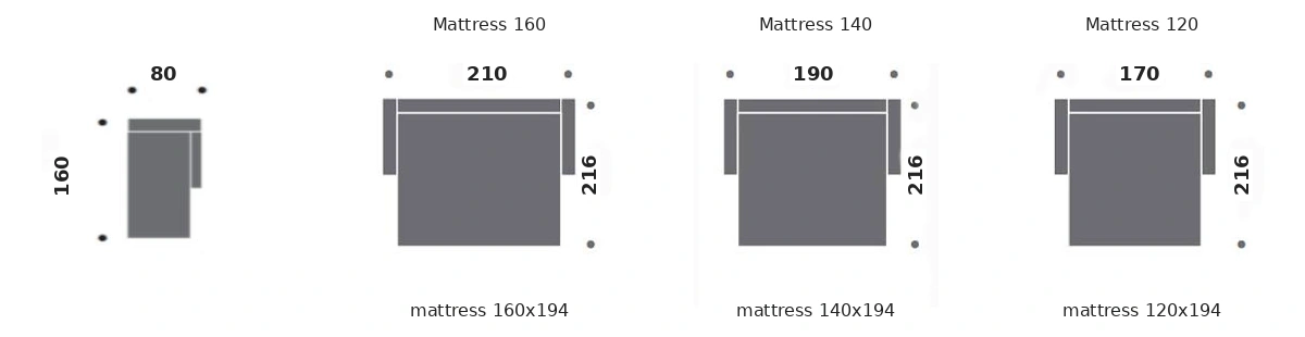Dimension drawing of sofa bed Valenciennes — open bed