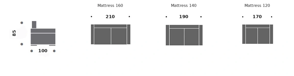 Dimension drawing of sofa bed Luberon — closed sofa, side view