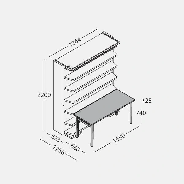 Dimension drawing of double wall bed LGM 2.0 Book Table — drawing 3