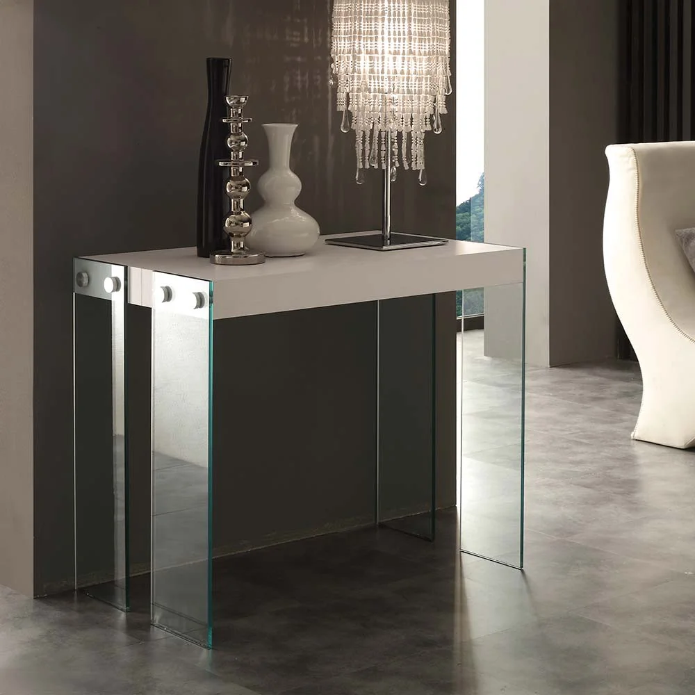 Console extending into a dining table Iceberg — Closed console with glass legs