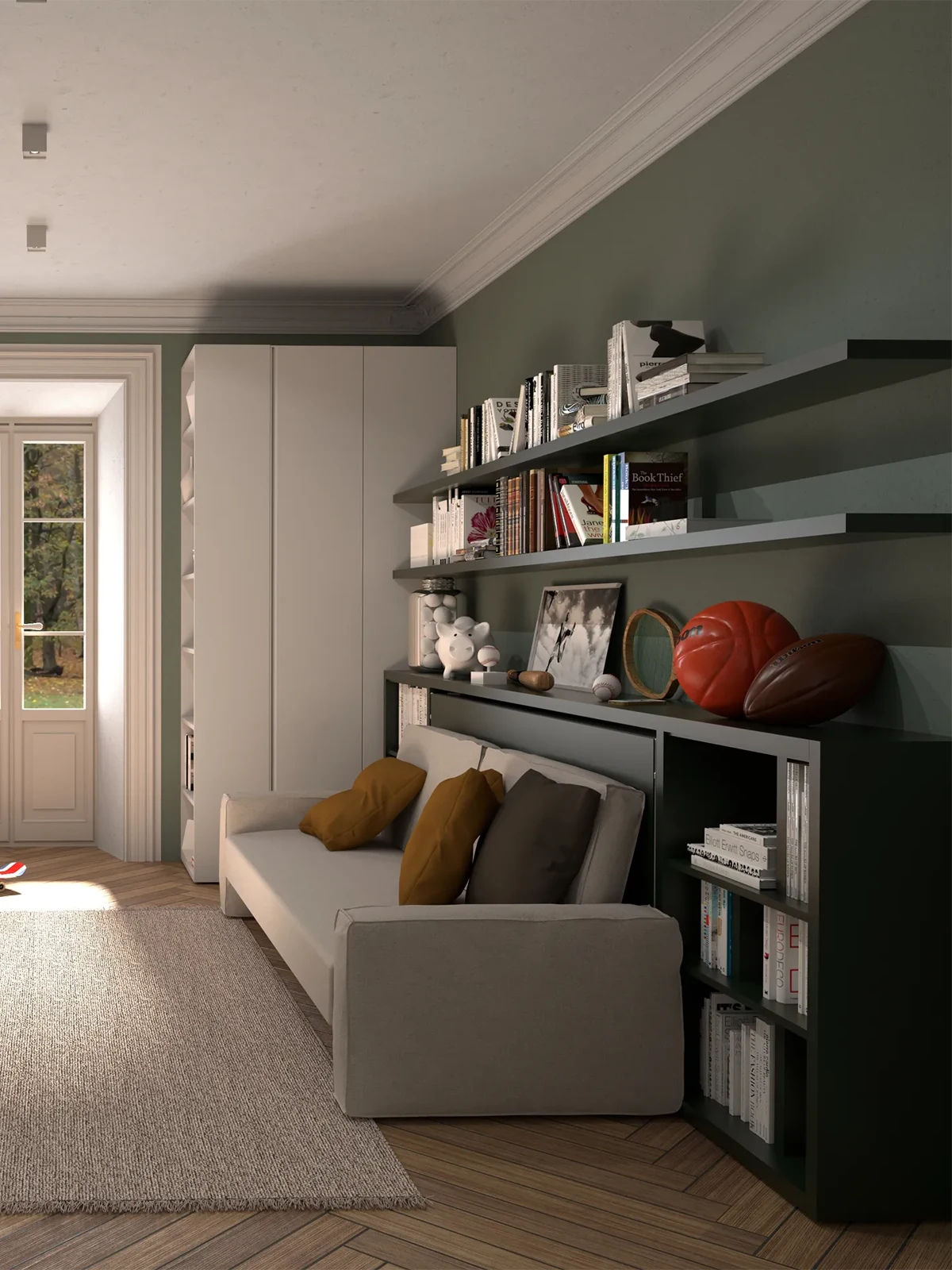 Room 02 · Work, relax and host — Kali Sofa 90 — Sofa and shelving