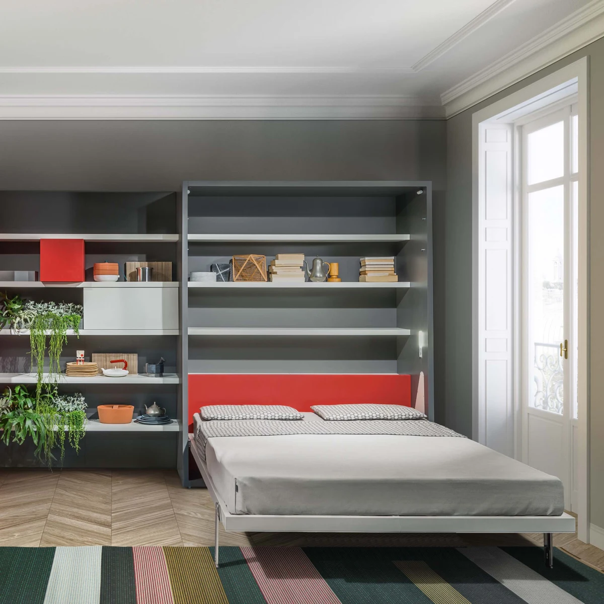 Penelope double wall bed open with storage shelves above the bed