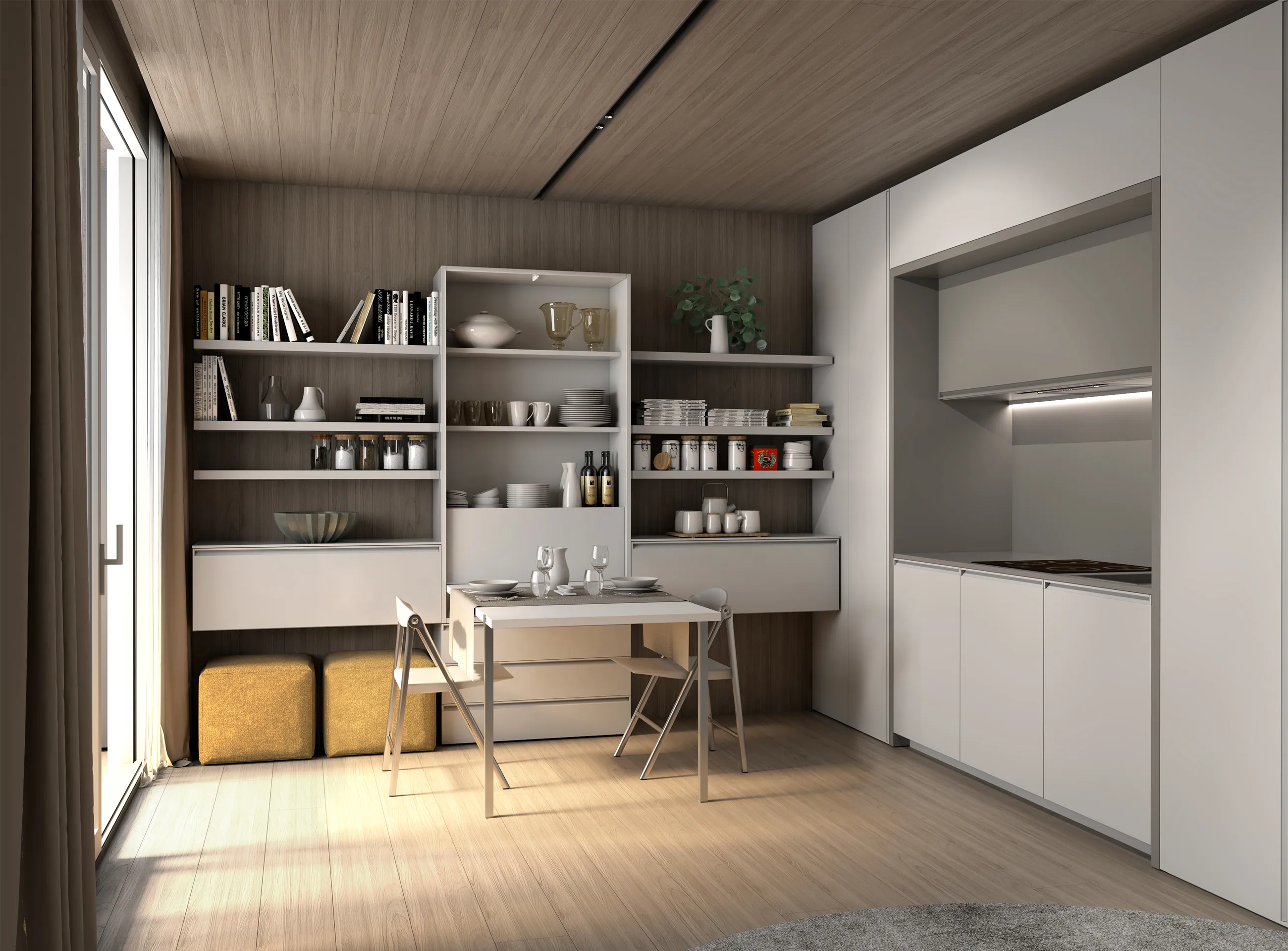 Transforming furniture in a multifunctional space — 25 m² studio with Minerva — Room view 05