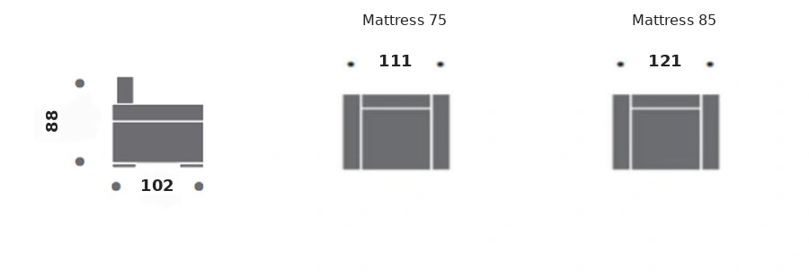 Dimension drawing of sofa bed Bagatelle Mini — closed sofa, side view