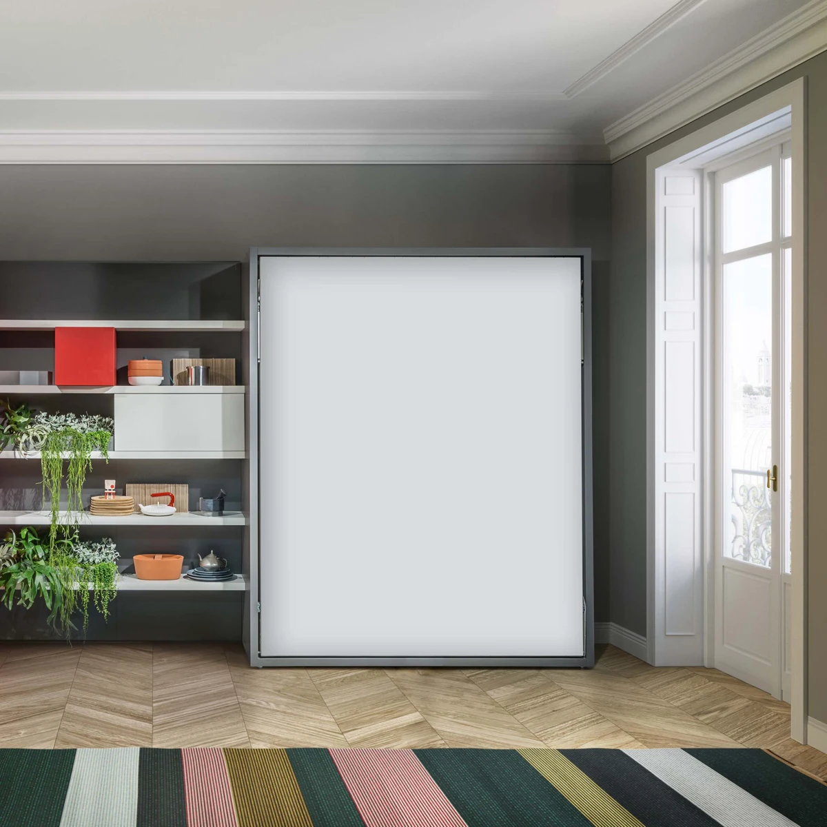 Penelope double wall bed closed beside shelving