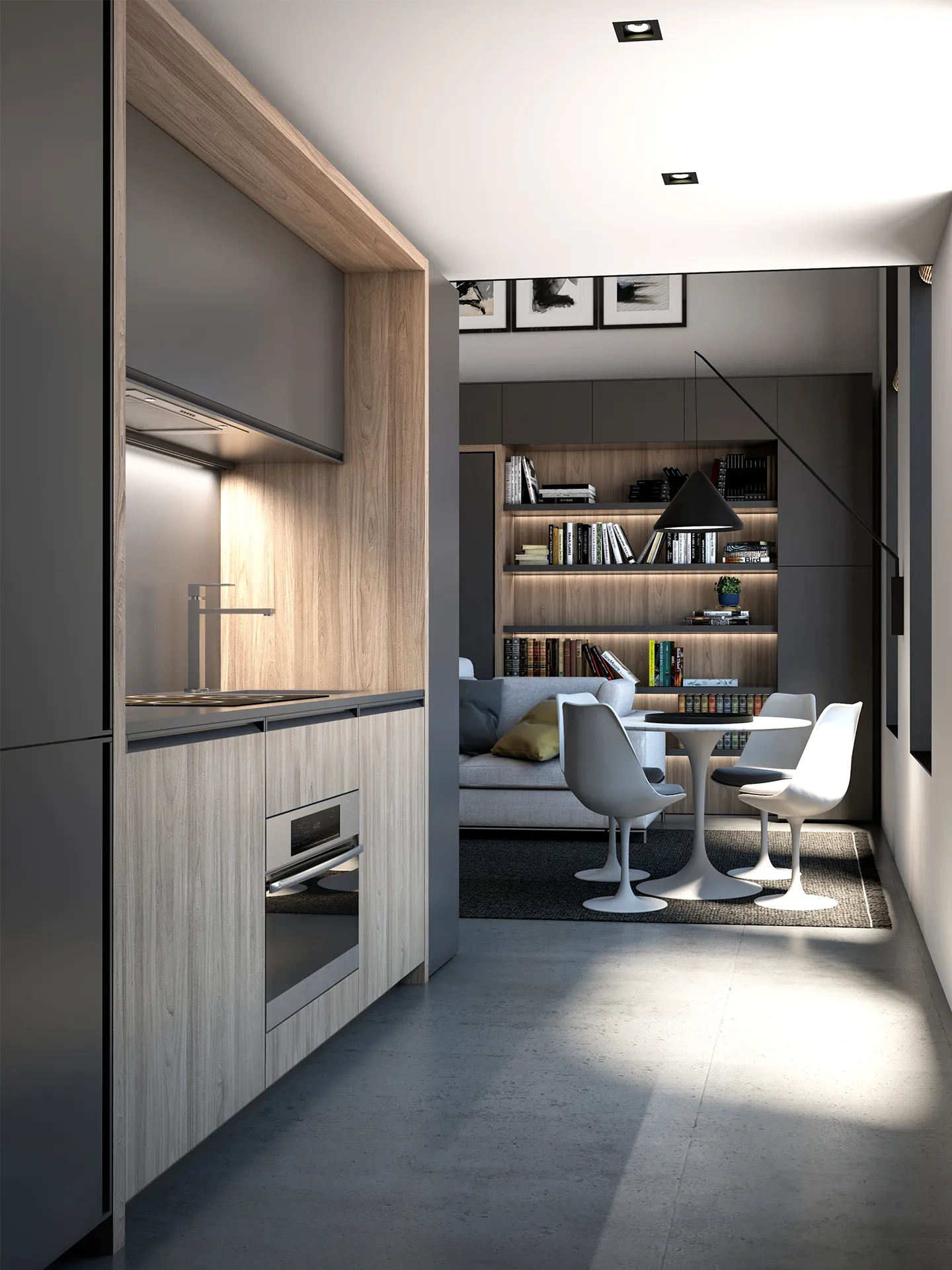 Transforming furniture in a multifunctional space — 57 m² loft apartment — Room view 07