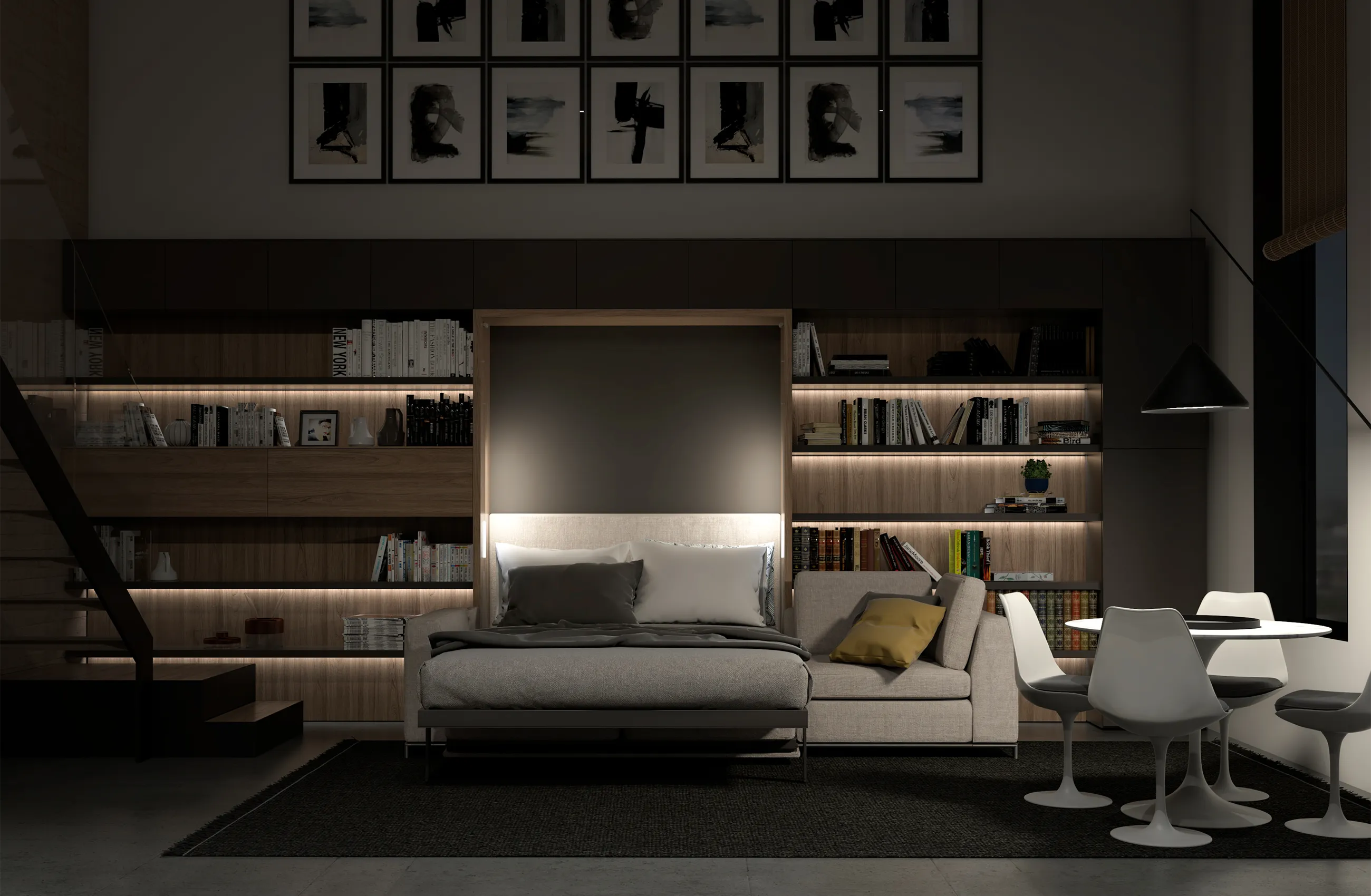 Transforming furniture in a multifunctional space — 57 m² loft apartment — Room view 04