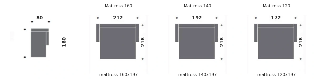Dimension drawing of sofa bed Montparnasse — open bed