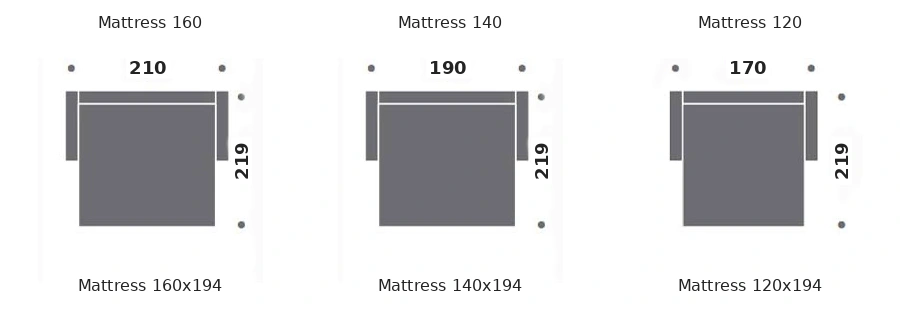 Dimension drawing of sofa bed Luberon — open bed