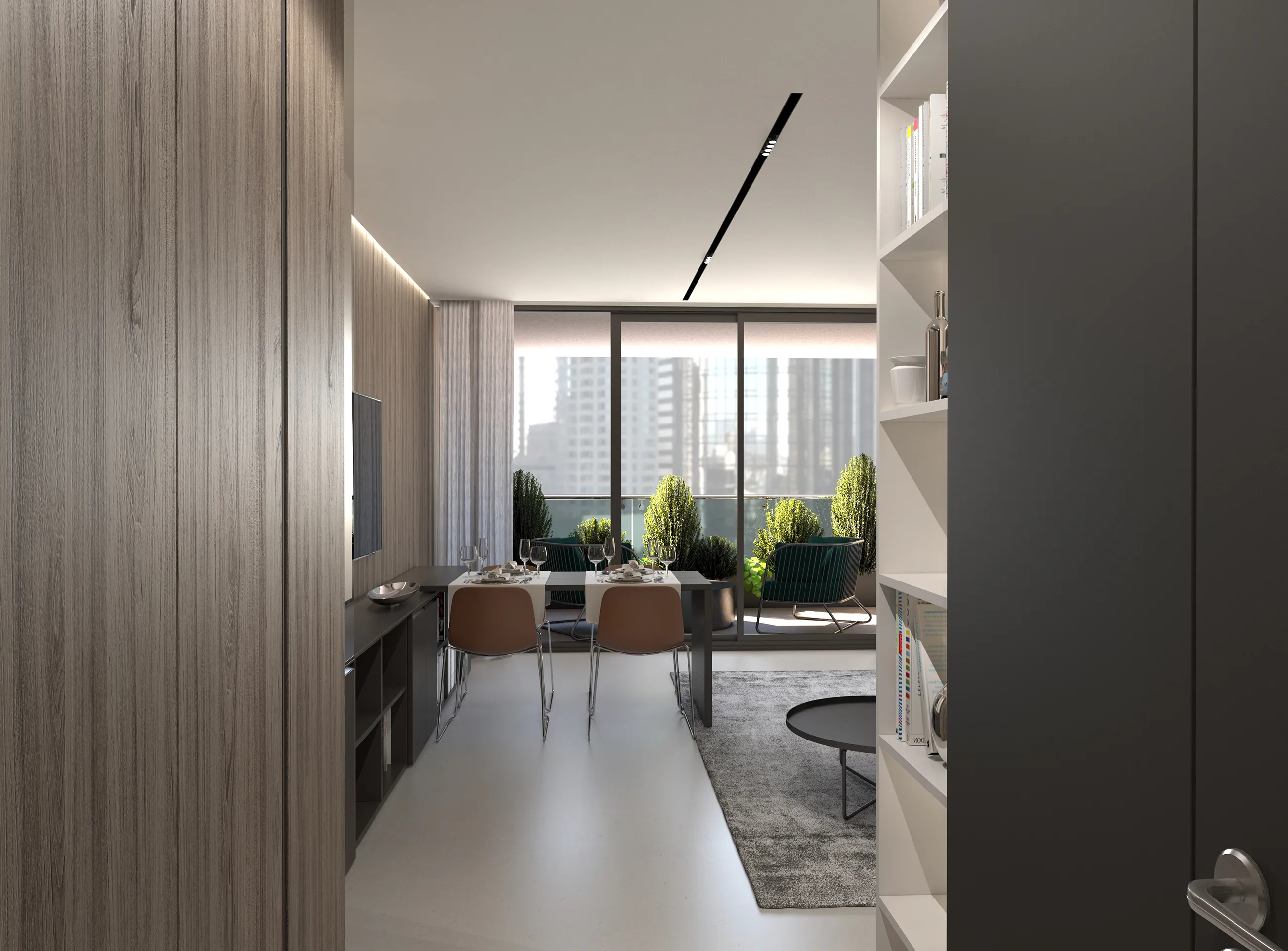 Transforming furniture in a multifunctional space — 30 m² city apartment — Room view 07