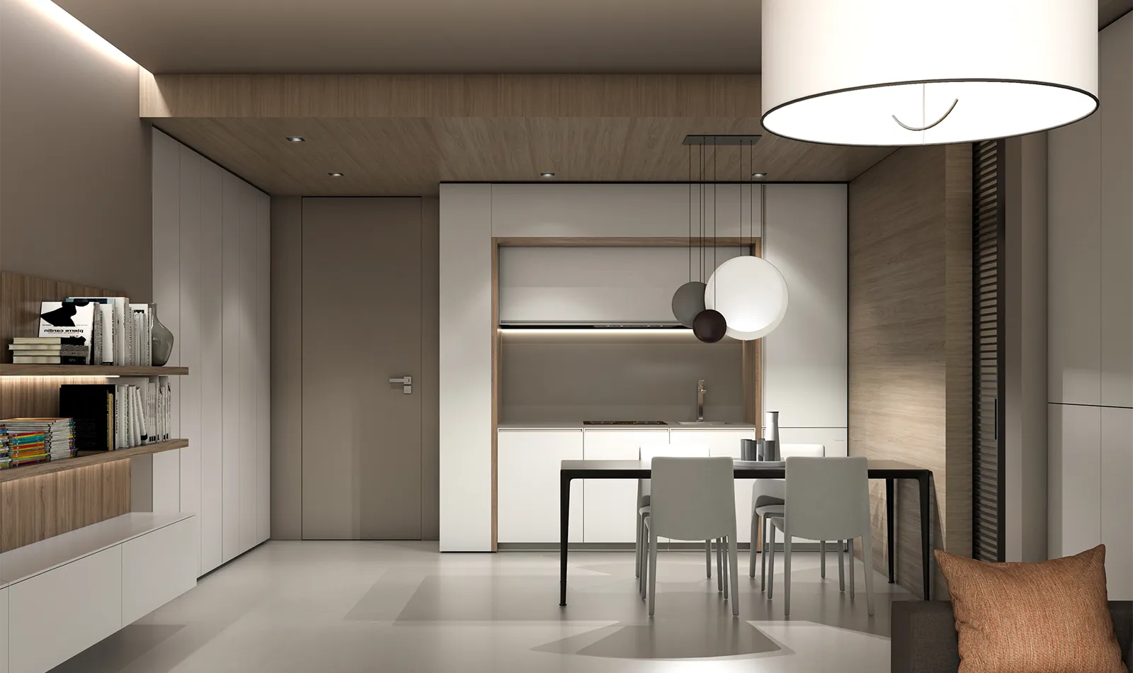Transforming furniture in a multifunctional space — 50 m² family apartment — Room view 07