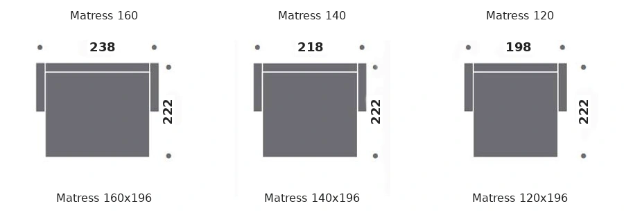 Dimension drawing of sofa bed Nomade — open bed