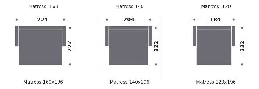 Dimension drawing of sofa bed Velasca — open bed