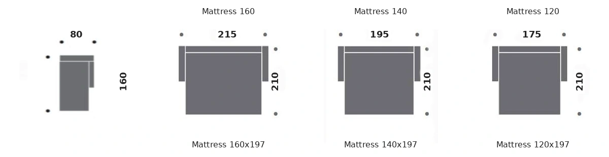 Dimension drawing of sofa bed Cocoon — open bed