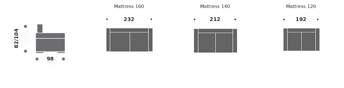 Dimension drawing of sofa bed Monaco — closed sofa, side view