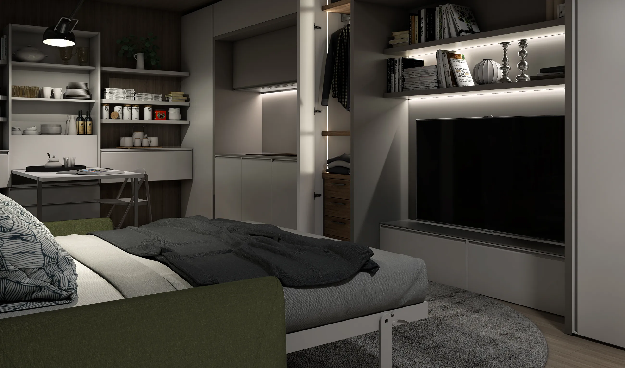 Transforming furniture in a multifunctional space — 25 m² studio with Minerva — Room view 03