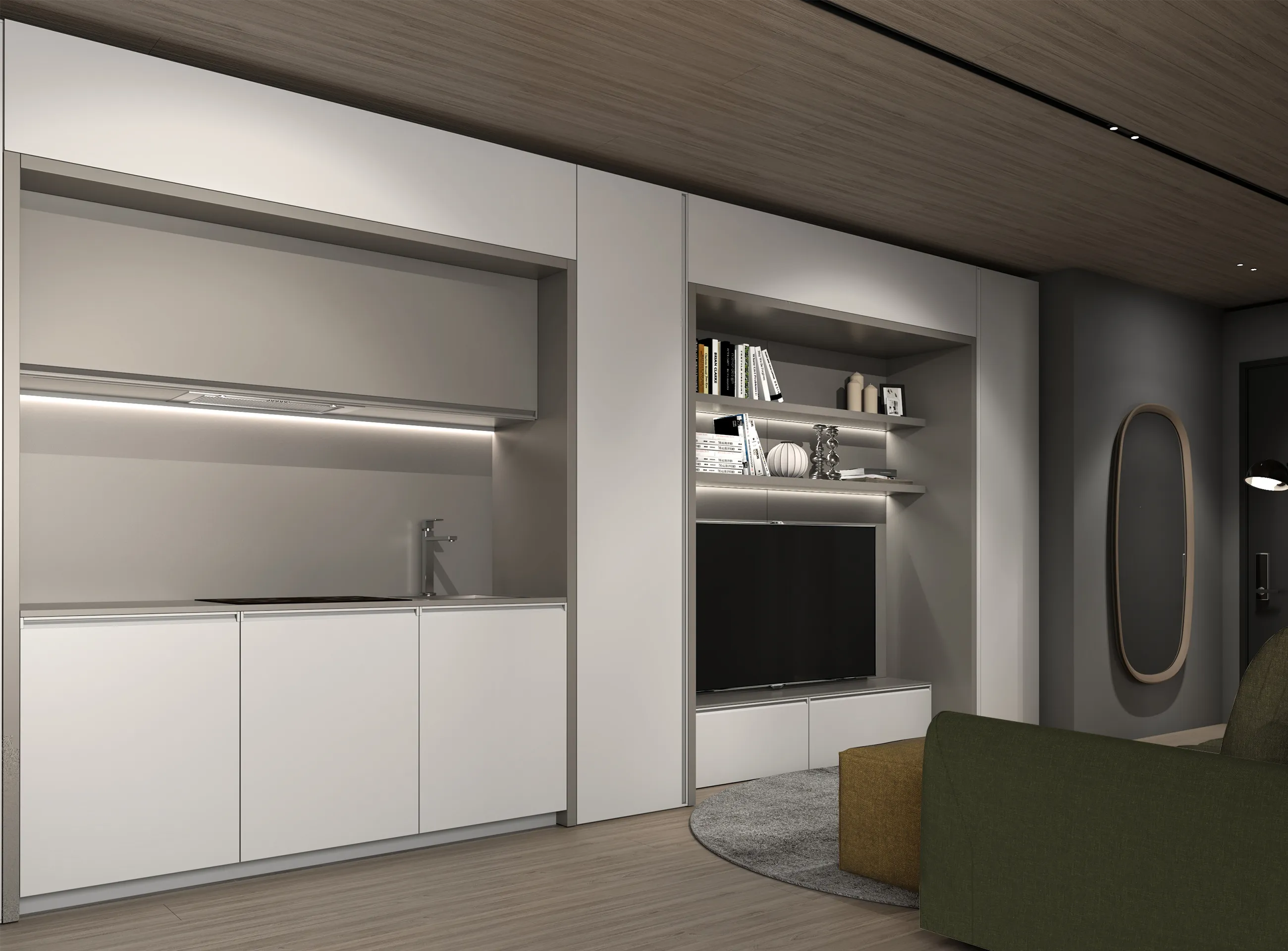 Transforming furniture in a multifunctional space — 25 m² studio with Minerva — Room view 06