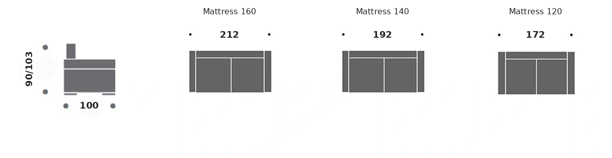 Dimension drawing of sofa bed Montparnasse — closed sofa, side view