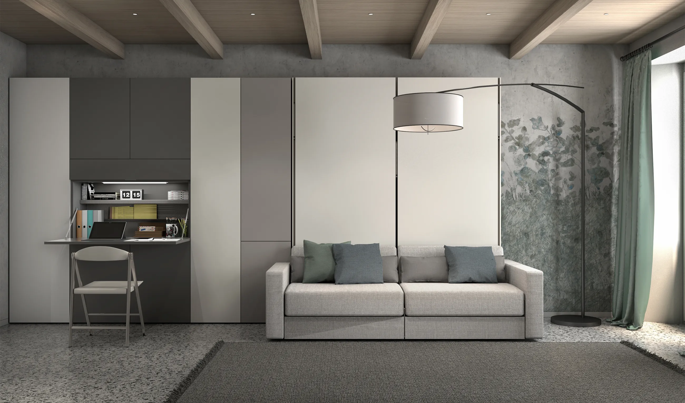 Transforming furniture in a multifunctional space — 25 m² studio with Ella & Louis — Room view 02