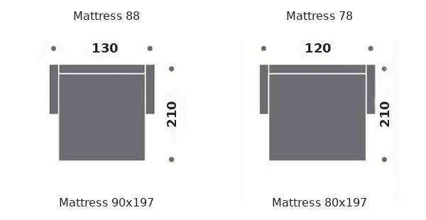 Dimension drawing of sofa bed Petit Galante — open bed
