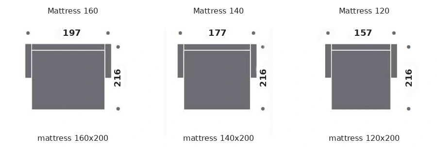 Dimension drawing of sofa bed Antibes — open bed