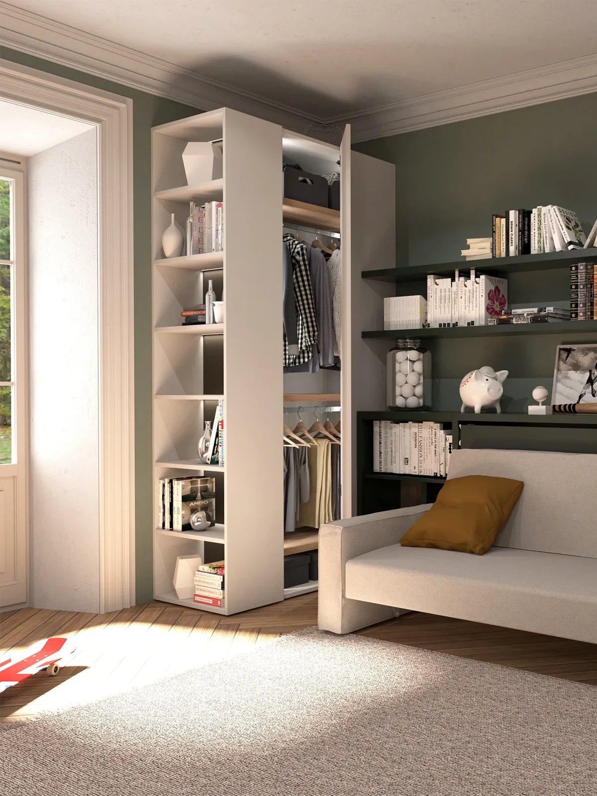 Room 02 · Work, relax and host — The wardrobe and end shelving unit