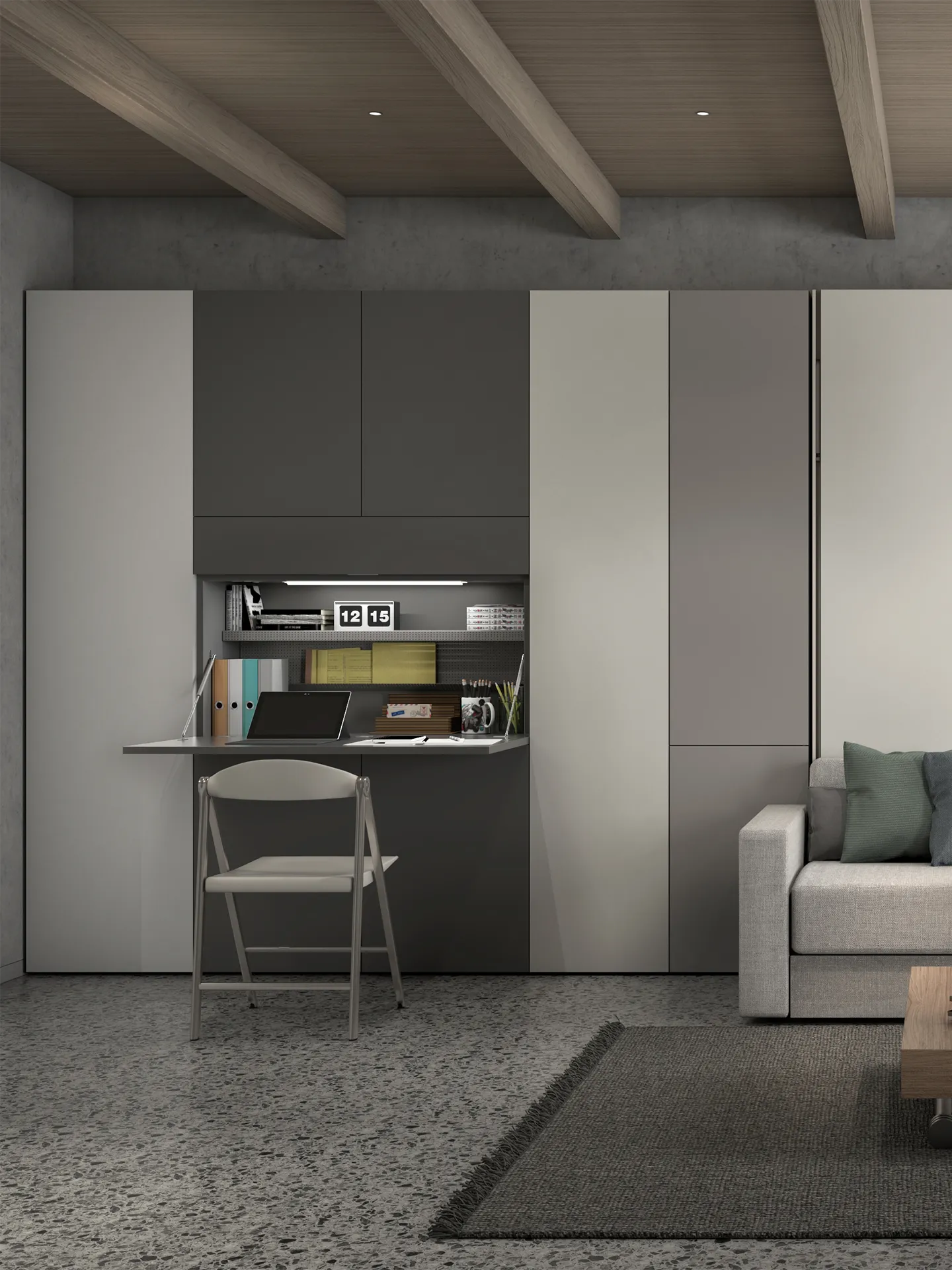 Transforming furniture in a multifunctional space — 25 m² studio with Ella & Louis — Room view 12
