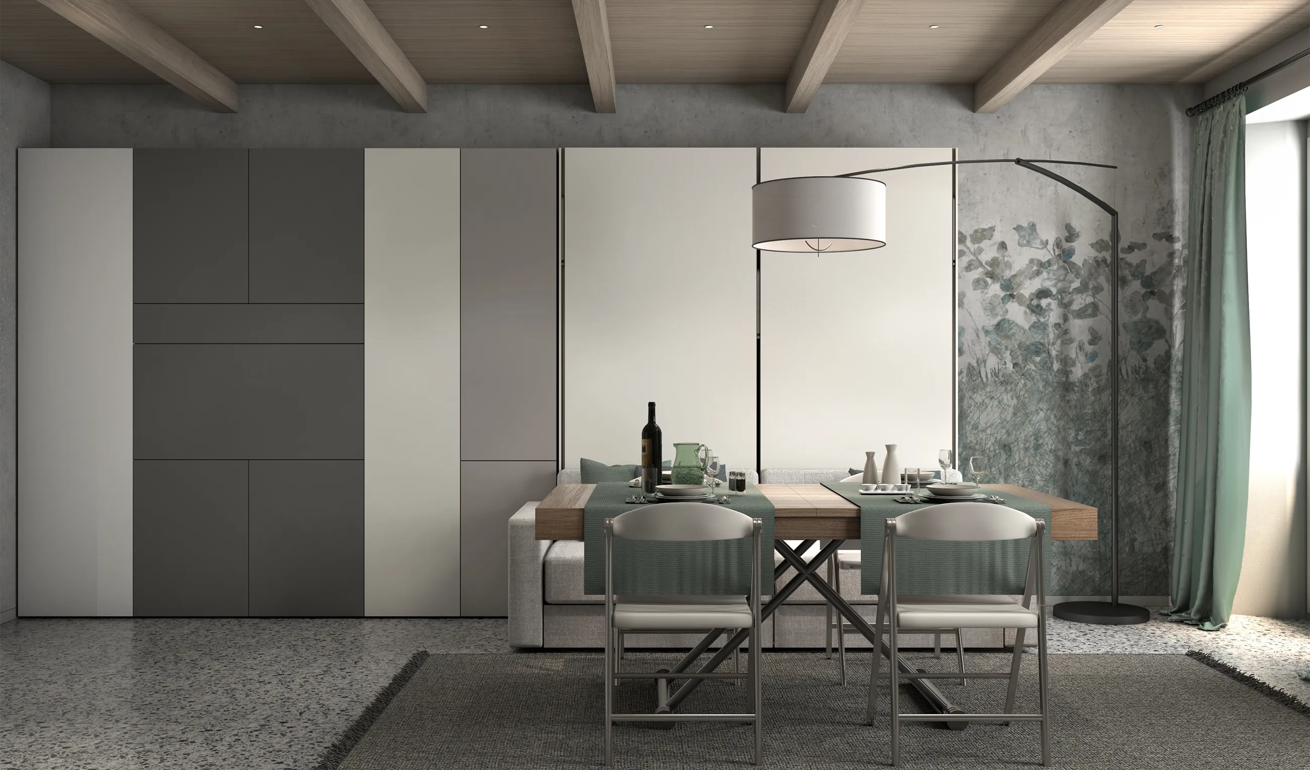 Transforming furniture in a multifunctional space — 25 m² studio with Ella & Louis — Room view 07