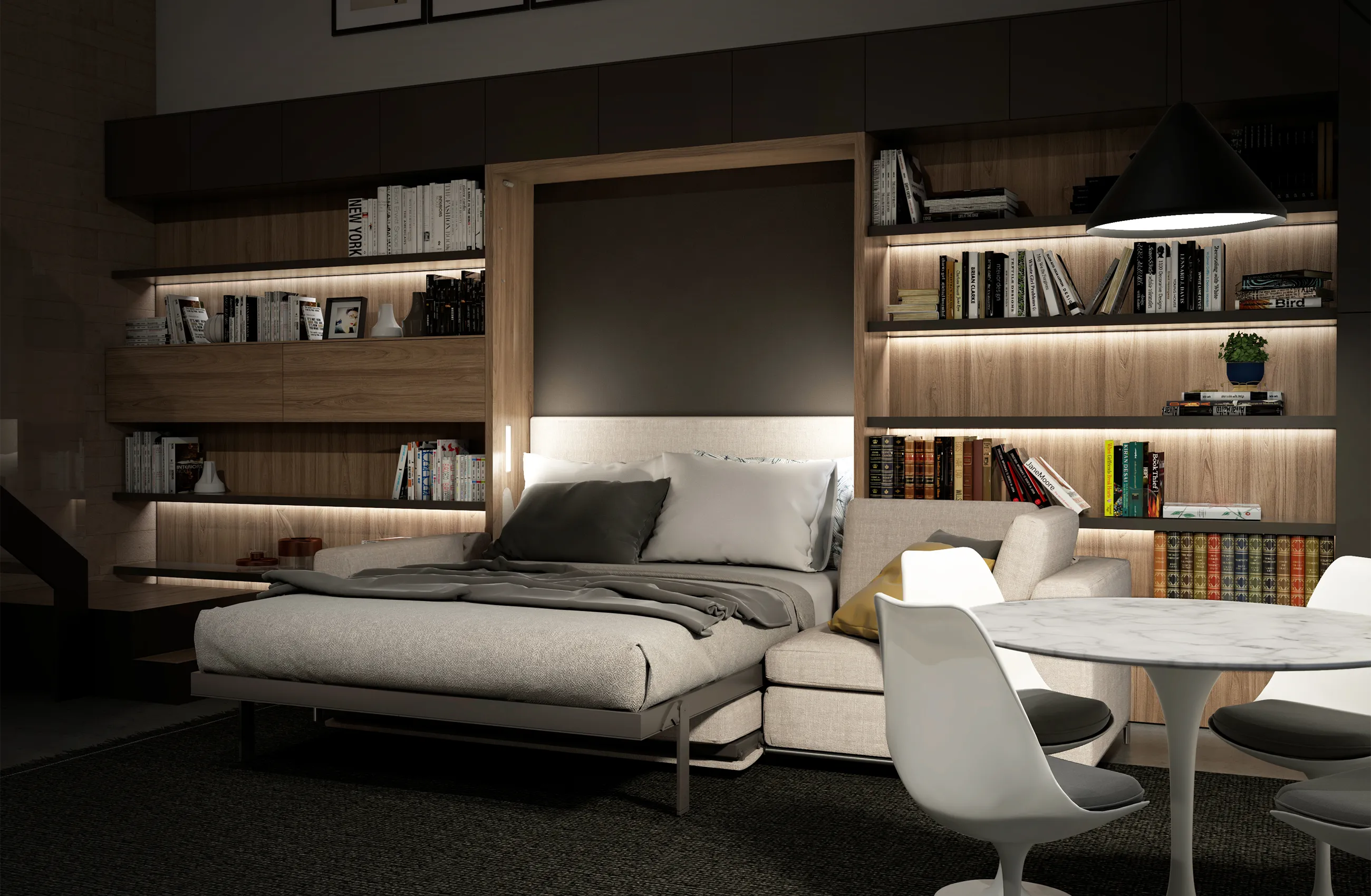 Transforming furniture in a multifunctional space — 57 m² loft apartment — Room view 05
