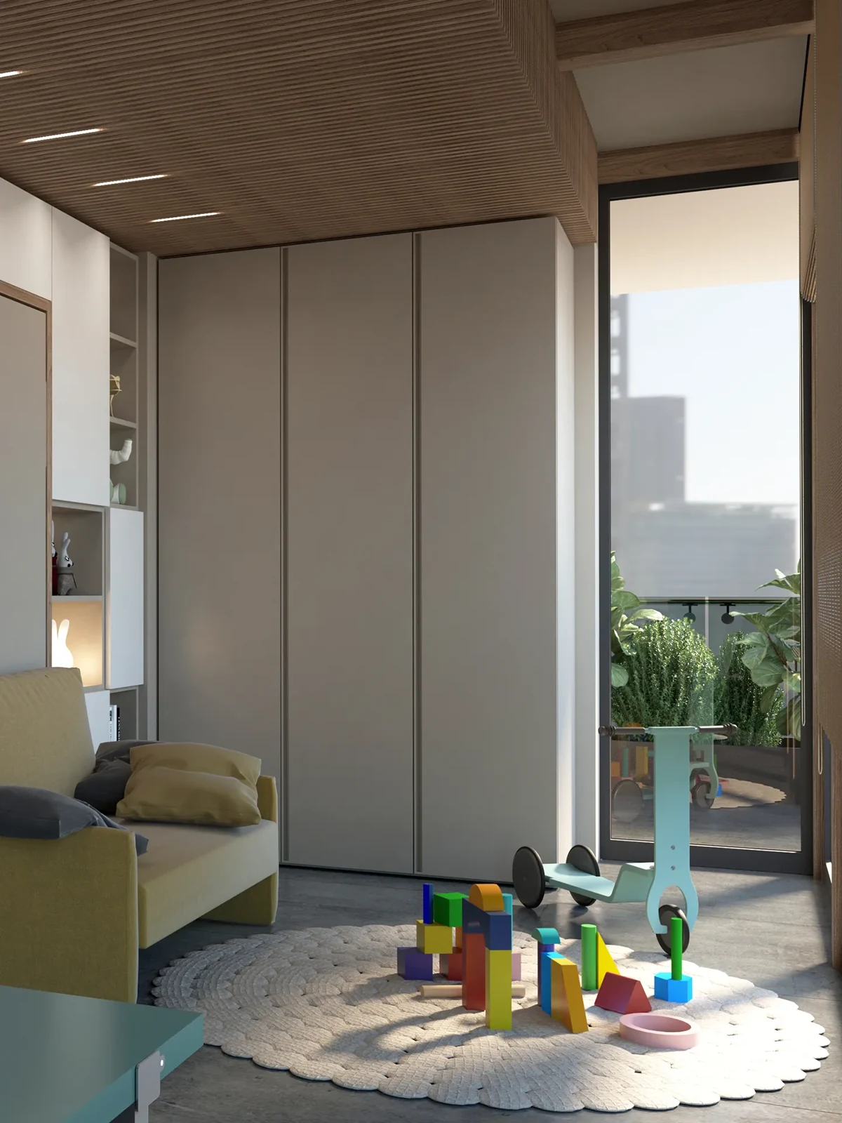Room 03 · Room to grow — Three-door wardrobe and activity area