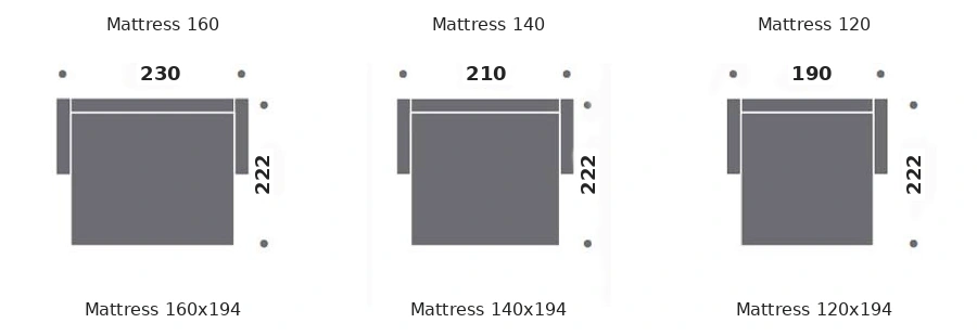 Dimension drawing of sofa bed Menton — open bed