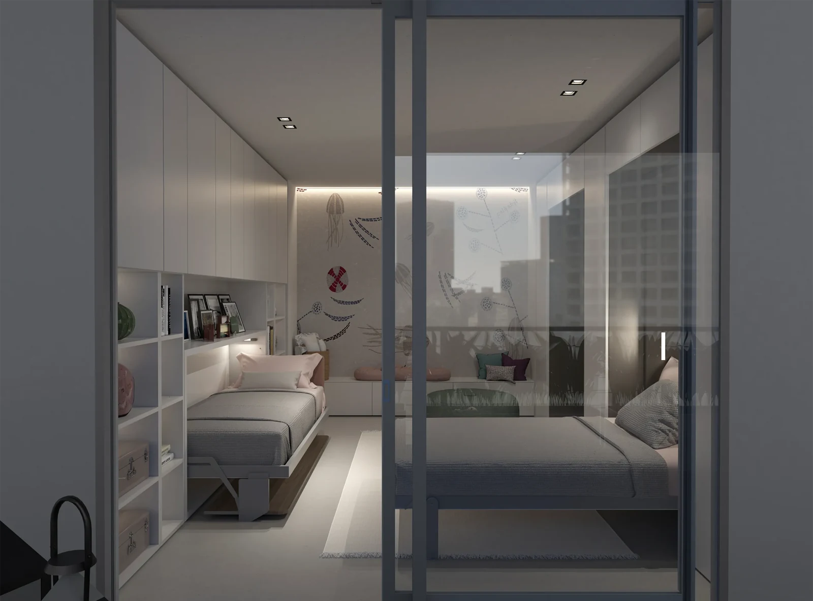 Room 01 · Space to study and rest — Both beds open — view through the glazing