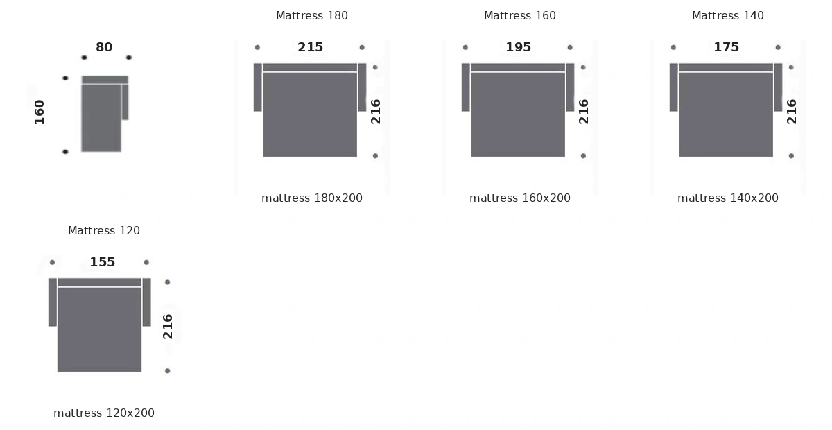 Dimension drawing of sofa bed Chelsea — open bed