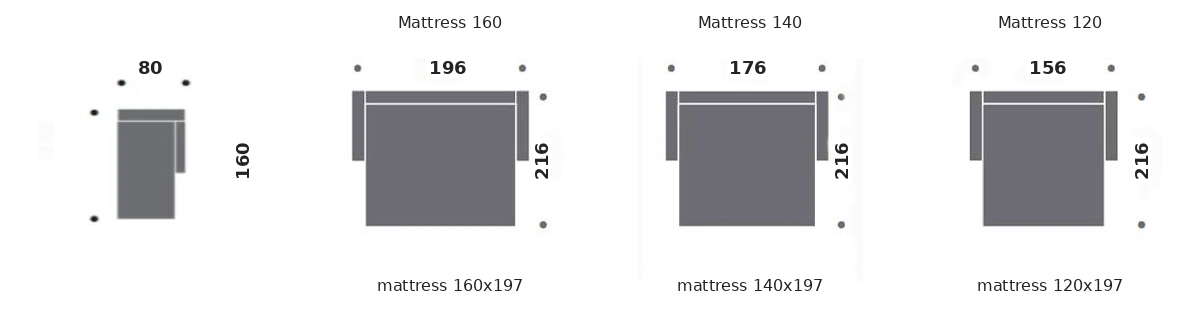 Dimension drawing of sofa bed Bagatelle — open bed