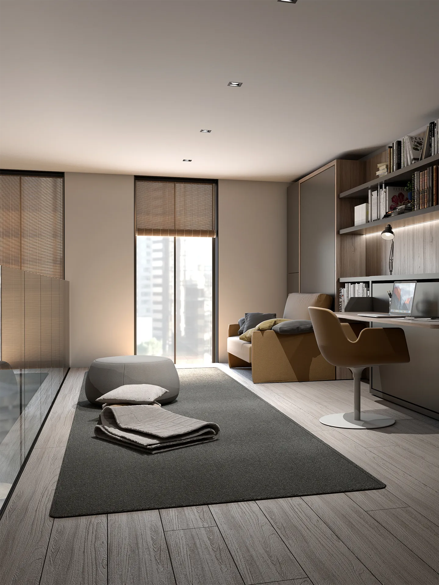 Transforming furniture in a multifunctional space — 57 m² loft apartment — Room view 09