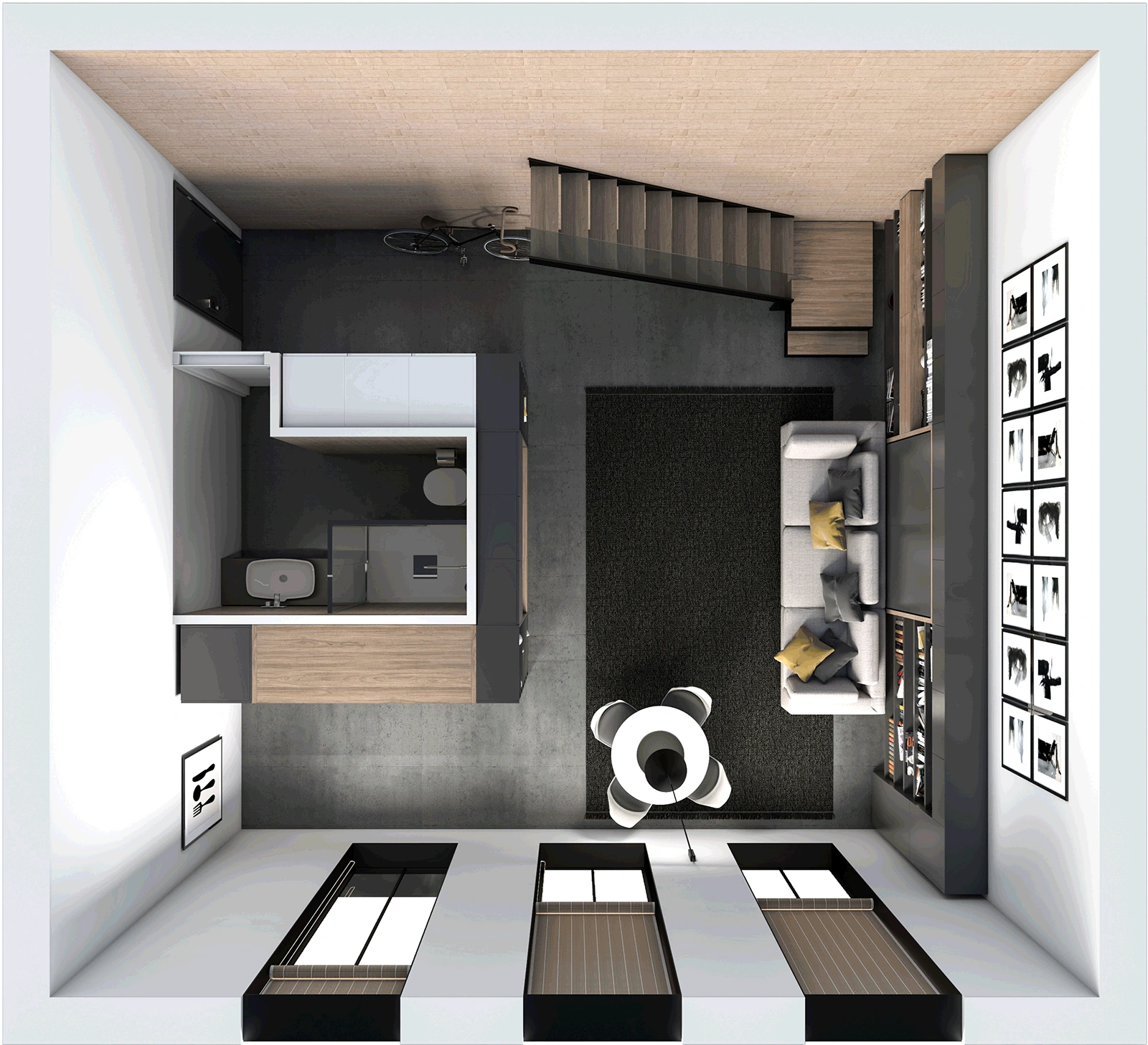 Room plan — 57 m² loft apartment — Day mode