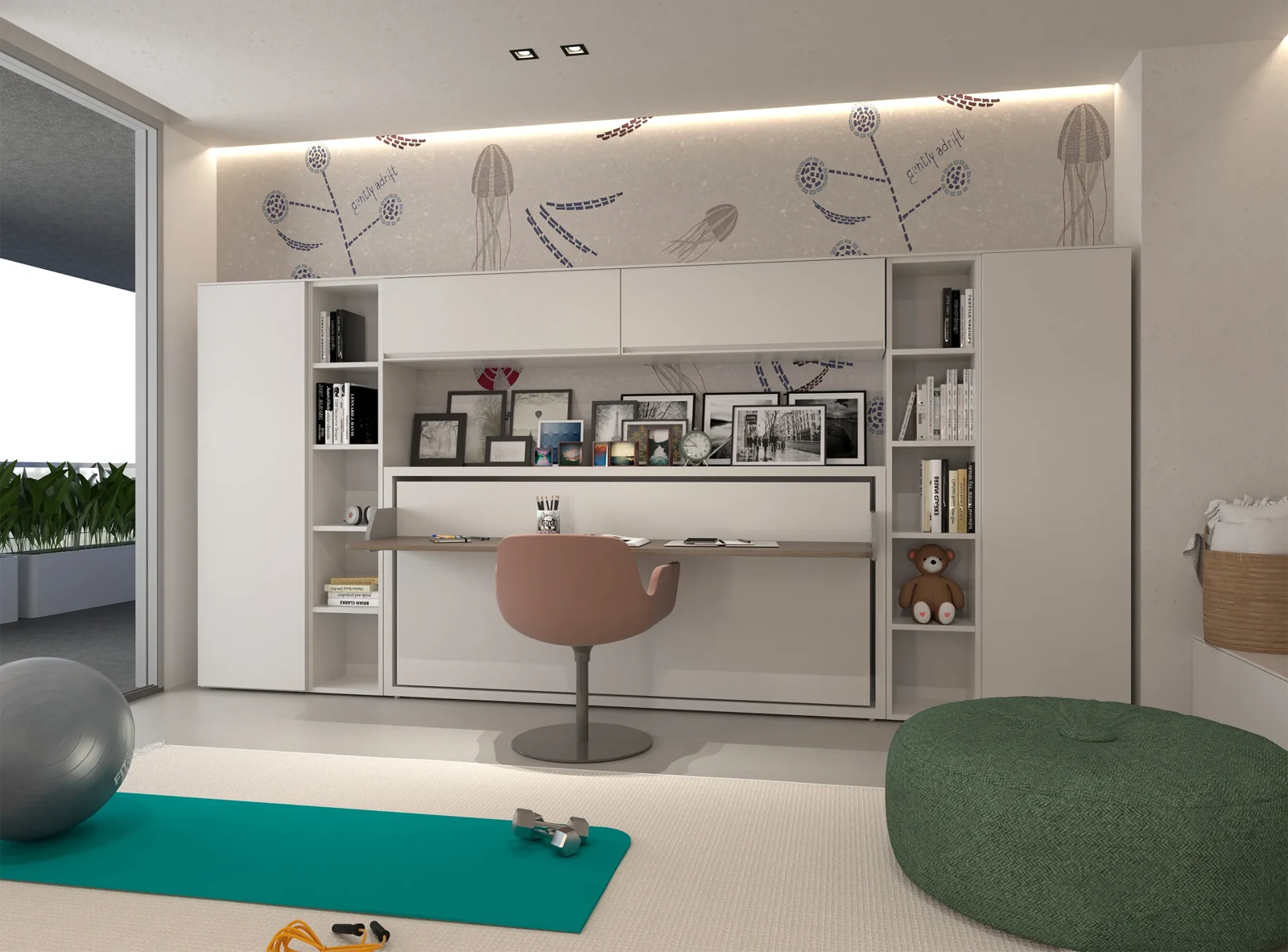 Room 01 · Space to study and rest — Kali Board 90 alternative, 150 cm high — desk open
