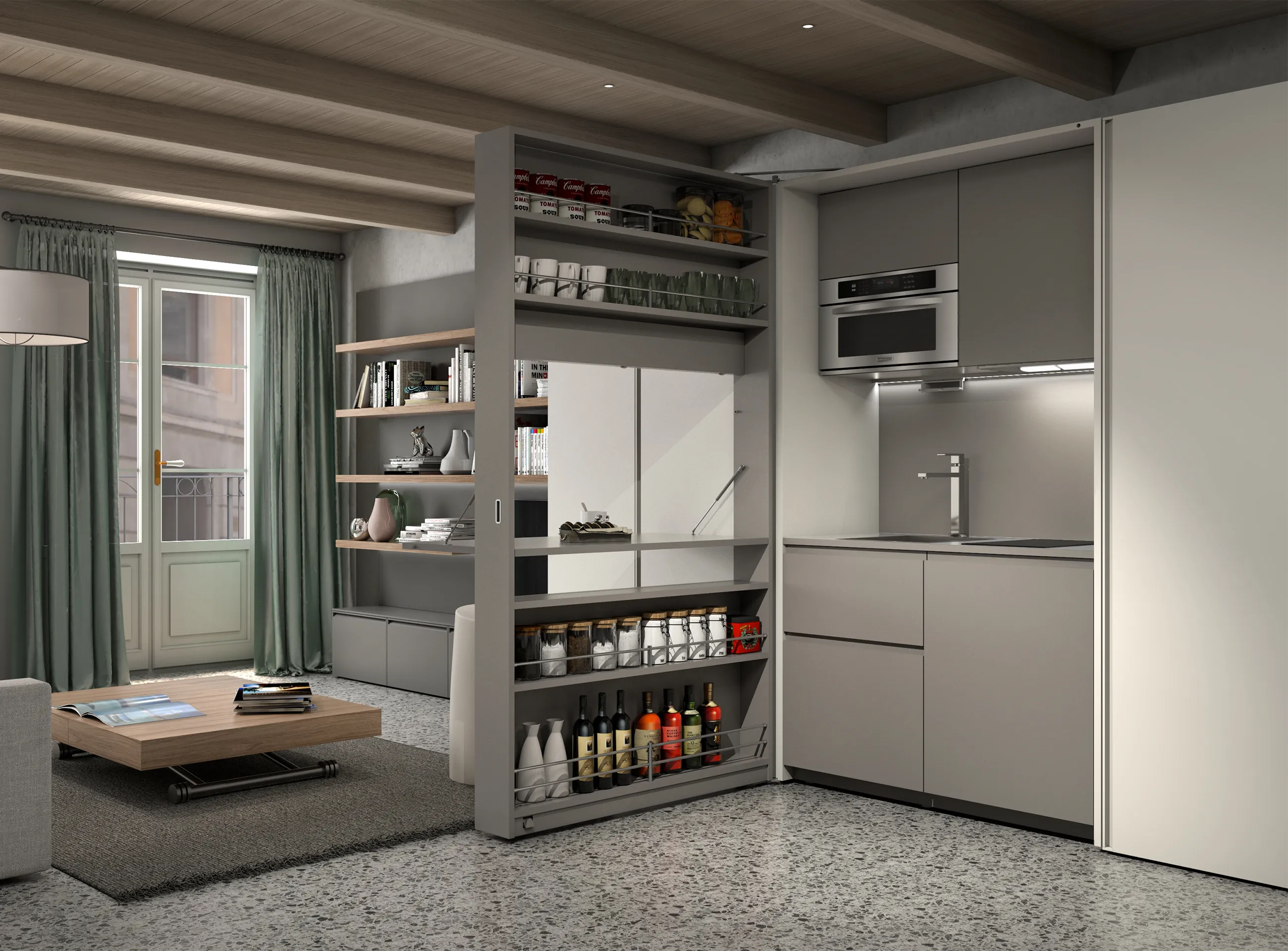 Transforming furniture in a multifunctional space — 25 m² studio with Ella & Louis — Room view 10