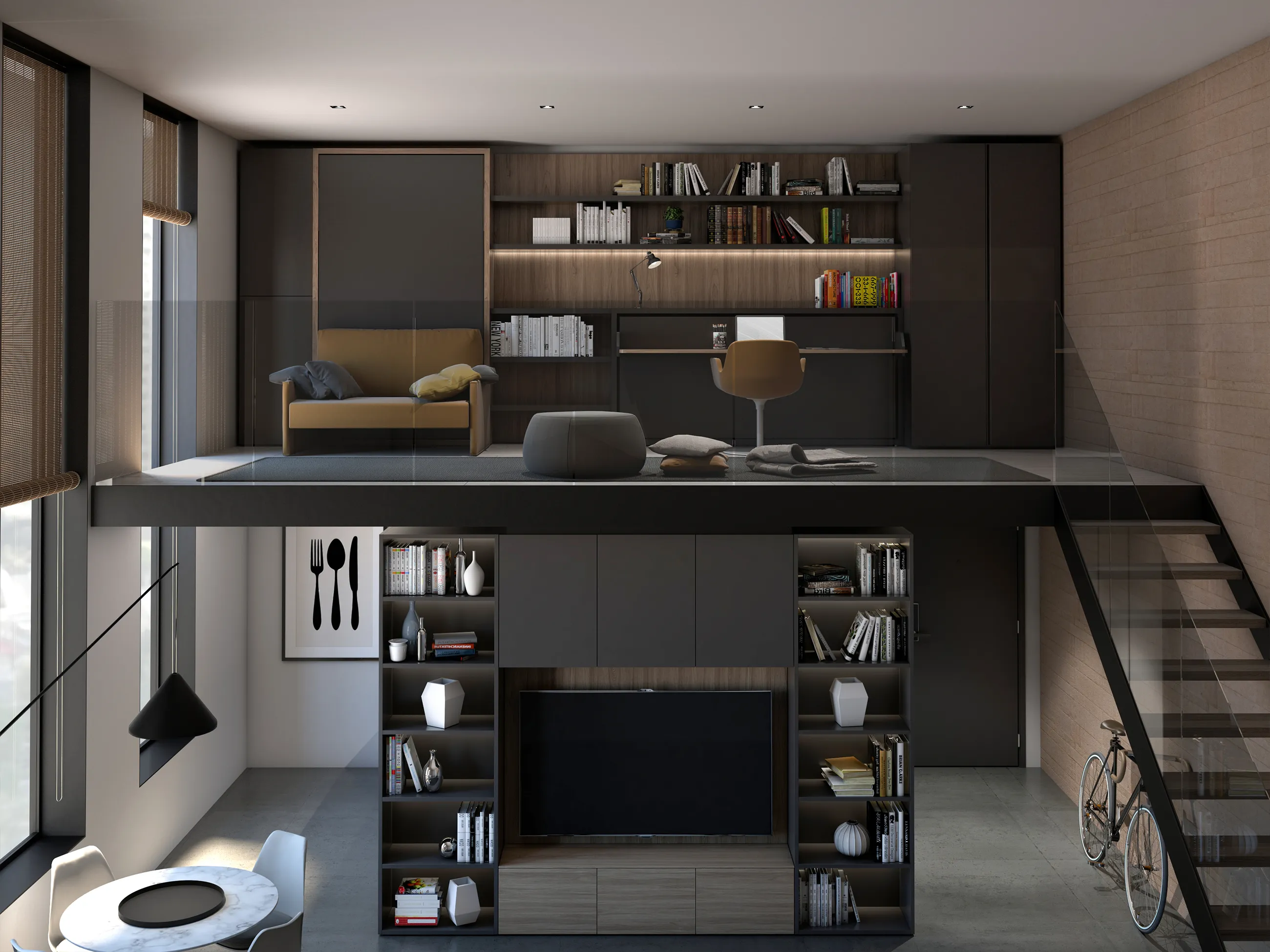 Transforming furniture in a multifunctional space — 57 m² loft apartment — Room view 02