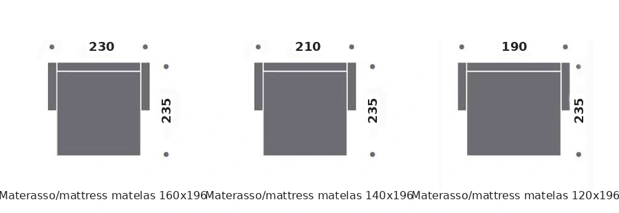 Dimension drawing of sofa bed Eden Roc — open bed