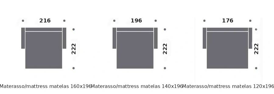 Dimension drawing of sofa bed Prado — open bed