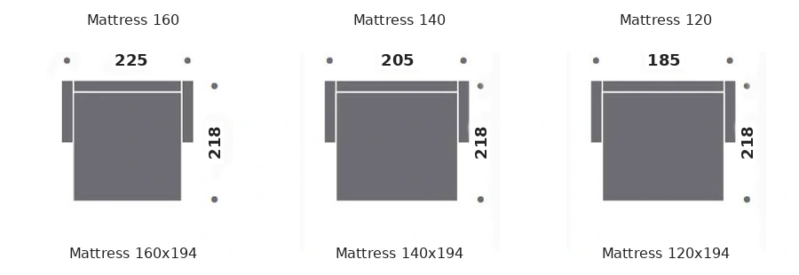 Dimension drawing of sofa bed Bordeaux — open bed