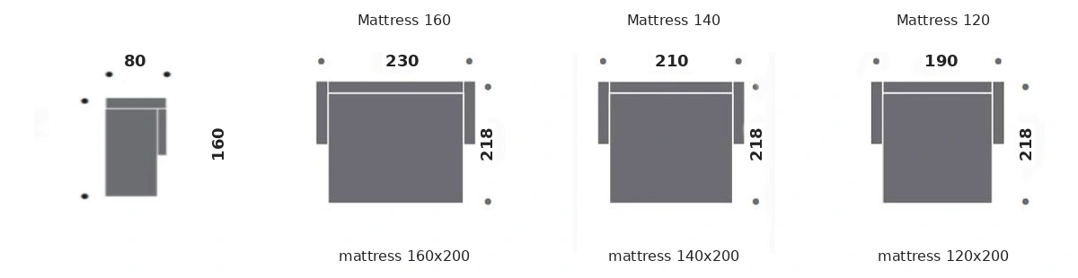 Dimension drawing of sofa bed Maxim — open bed