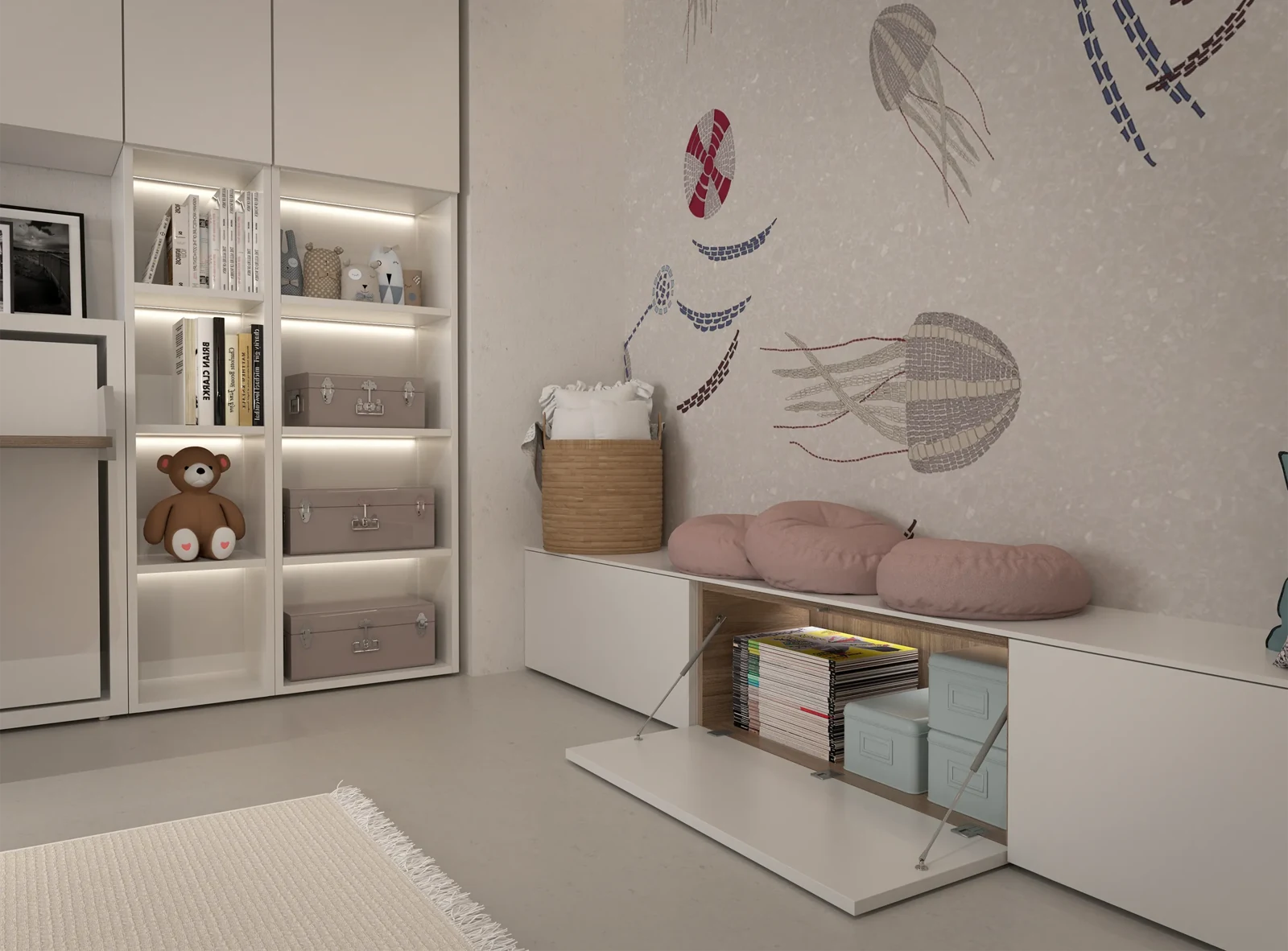 Room 01 · Space to study and rest — Floor storage unit with door open