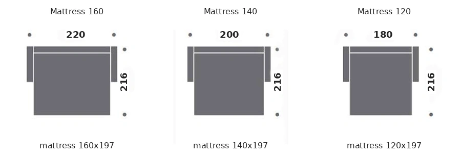 Dimension drawing of sofa bed Steve — open bed