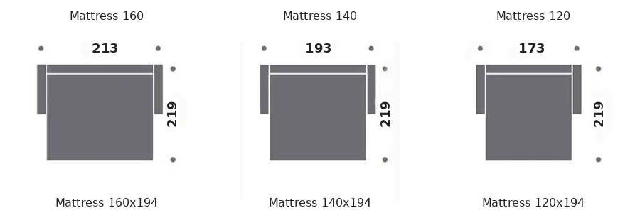 Dimension drawing of sofa bed New Prado — open bed