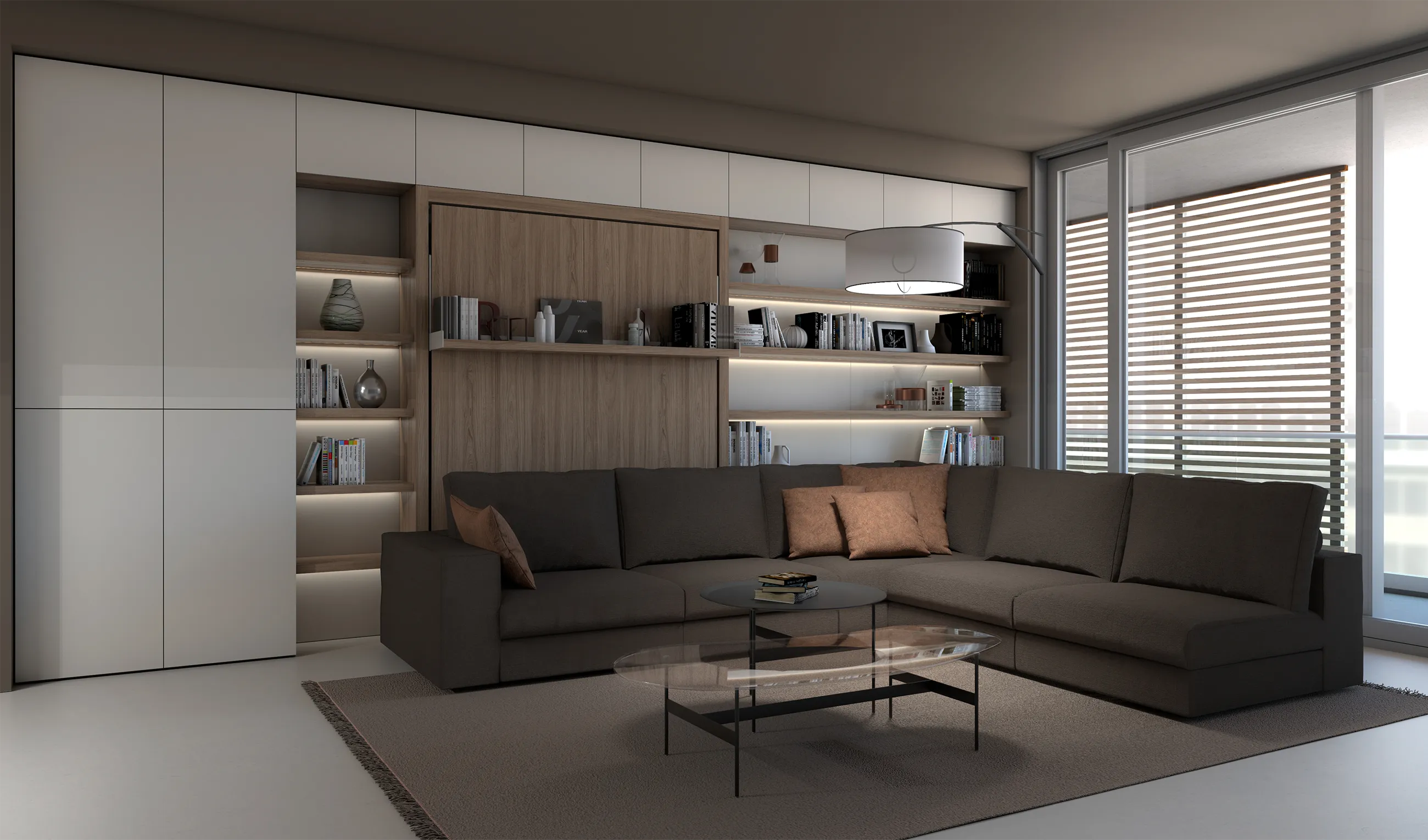 Transforming furniture in a multifunctional space — 50 m² family apartment — Room view 02